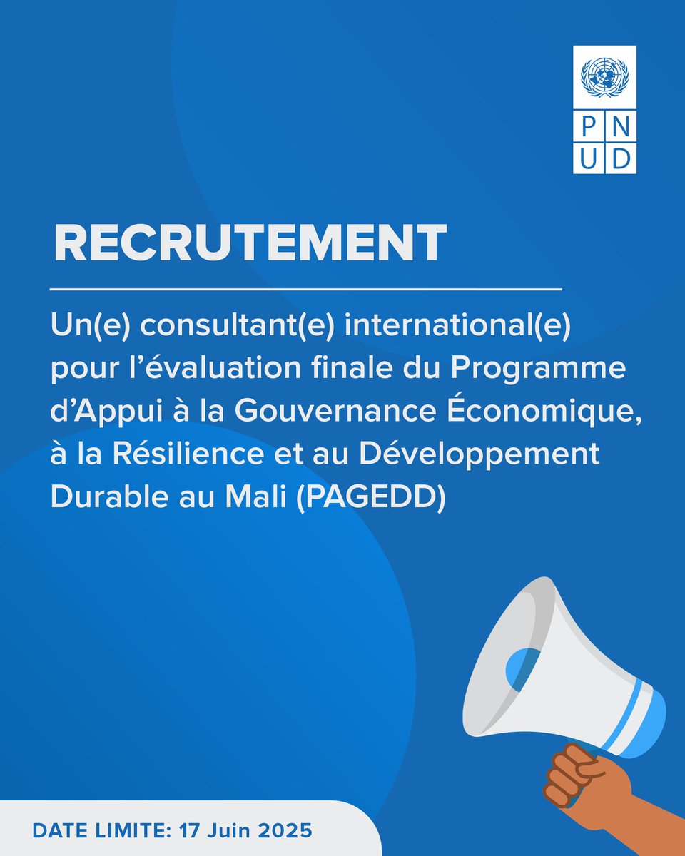 Le PNUD Mali recrute un(e) consultant(e) international(e) pour l’évaluation finale du Programme d’Appui à la Gouvernance économique, à la Résilience et au Développement Durable au Mali (PAGEDD). 
Date limite 📅 : 17 juin 2025
Postulez ici 👉: t.ly/w9r7T