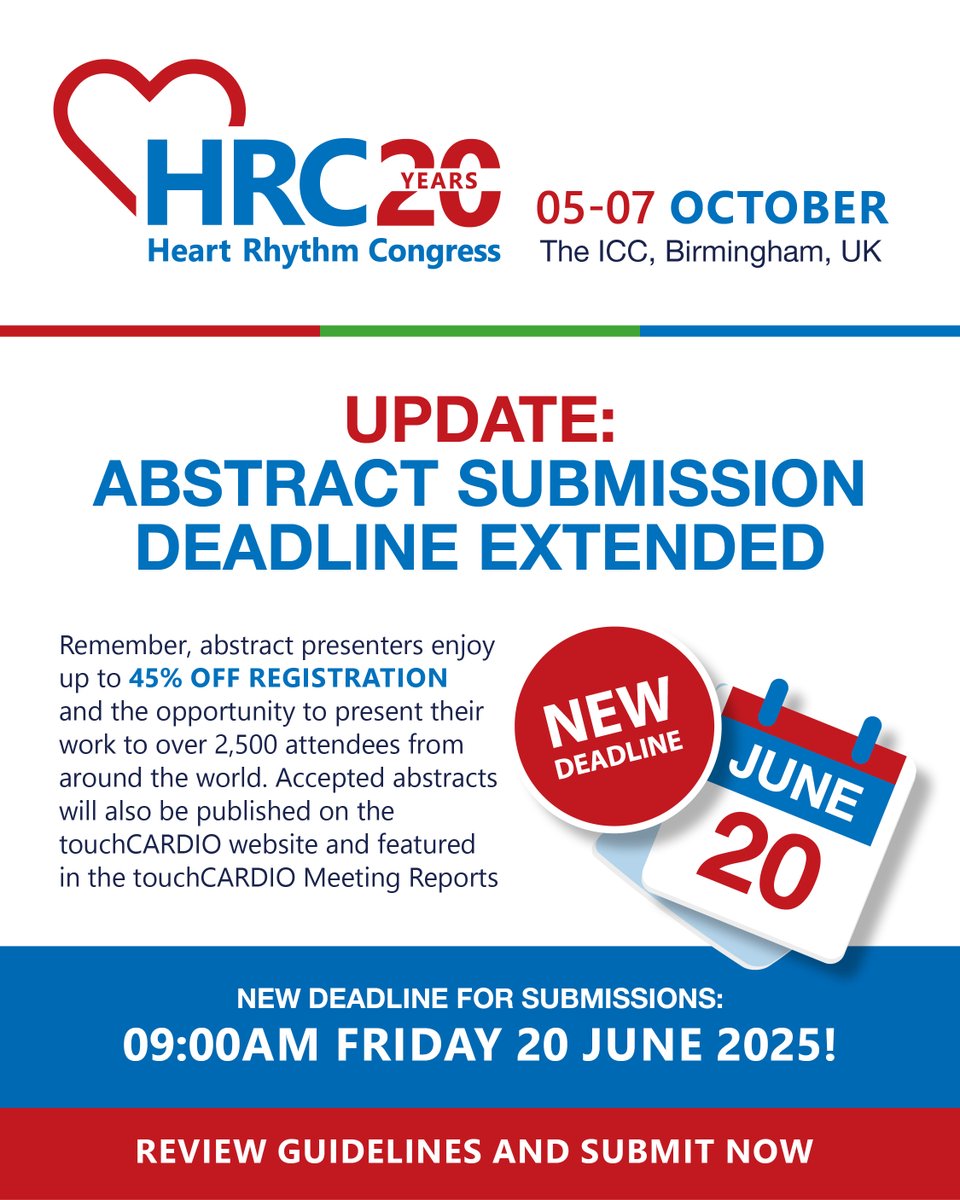 {UPDATE} - Abstract submission deadline extended until Friday 20 June 2025 at 09:00am. Submit here - heartrhythmcongress.org/abstracts

#HRC2025