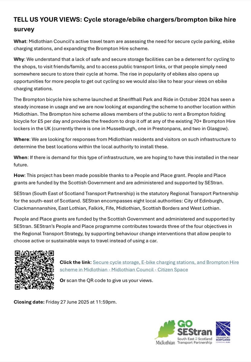 <a href="/ActiveTravelMid/">Active Travel Midlothian</a>  are assessing the need for secure cycle parking 🅿️, ebike
charging stations 🚲, and expanding the Brompton Hire scheme in #Midlothian.

Tell us your views here 🫵: midlothiancouncil.citizenspace.com/road-safety-an…

<a href="/midgov/">Midlothian Council</a> 
<a href="/SEStran/">SEStran</a> 
<a href="/ActiveTravelMid/">Active Travel Midlothian</a> 
<a href="/MidLibraries/">Midlothian Libraries</a> 
<a href="/midlothian/">barry</a>