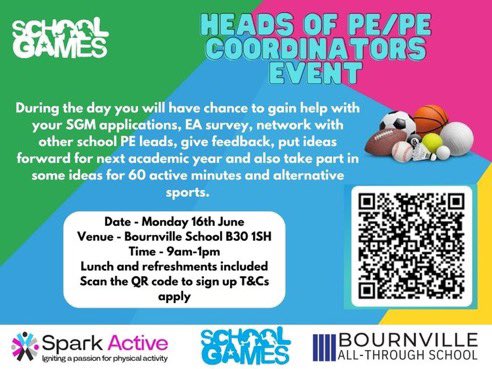 BournvilleSGO - Gemma Taylor-Whitehead (@bournvillesgo) on Twitter photo School Games CPD Morning is coming up - Use the QR code attached to sign up. We will be talking all things School Games and Girls football equal access, plus lots of exciting things for the upcoming academic year. <a href="/SparkActivecic/">Spark Active</a> <a href="/BournvilleSch/">Bournville All-Through School</a> <a href="/YourSchoolGames/">School Games</a> #yourschoolgames School Games CPD Morning is coming up - Use the QR code attached to sign up. We will be talking all things School Games and Girls football equal access, plus lots of exciting things for the upcoming academic year. <a href="/SparkActivecic/">Spark Active</a> <a href="/BournvilleSch/">Bournville All-Through School</a> <a href="/YourSchoolGames/">School Games</a> #yourschoolgames