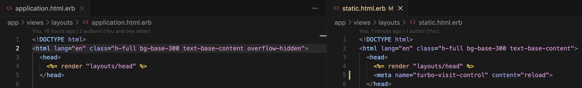 Interesting problem: 

-&gt; I have authenticated layout (application)
-&gt; and unauthenticated layout (static)
-&gt; application has overflow-hidden
-&gt; logout, head is cached
-&gt; static layout not scrollable until reload

Solution:
&lt;meta name="turbo-visit-control" content="reload"&gt;