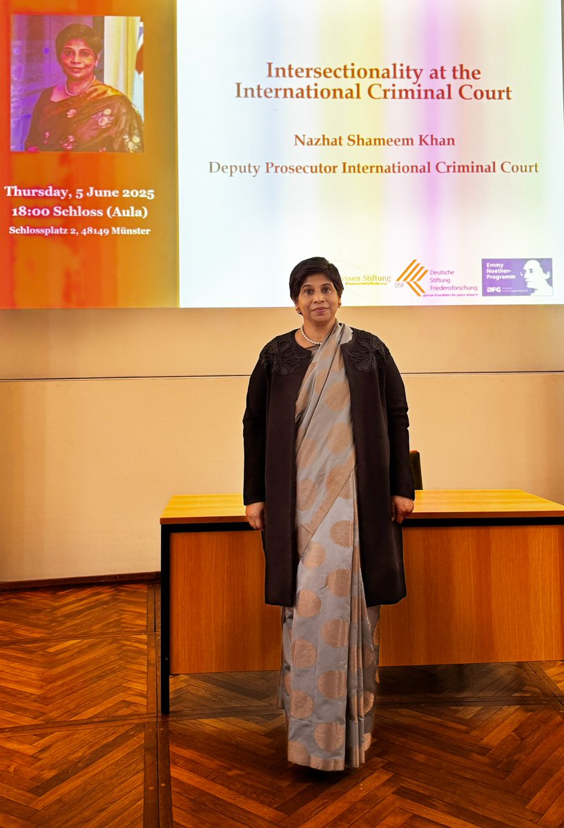 Last week, #ICC Deputy Prosecutor Nazhat Shameem Khan delivered a keynote speech at the University of Münster on intersectionality at the #ICC:

“International criminal justice must be more than accountability - it must recognise the humanity of victims &amp; the complexity of harm."