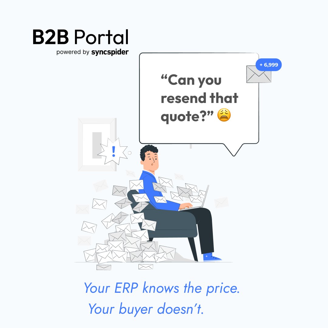 Your #ERP knows the price.
Your buyer doesn’t.
And your inbox? Full of “Can you resend that quote?” 😩
Time to give clients what they want:
Real-time pricing
Clean ordering
Their own portal
All from the #B2B Portal by #SyncSpider.
Let’s fix the mess → vist.ly/3n6ffiz
