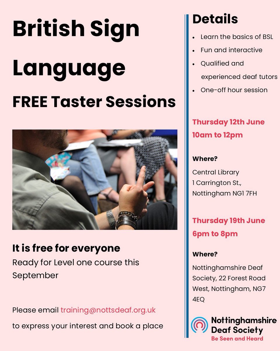 Nottinghamshire Deaf Society (@nottsdeaf) on Twitter photo We have some space for this Thursday’s session!
🗓️ 12th June, 10am-12pm
📍 Nottingham Central Library.
Get in touch: training@nottsdeaf.org.uk We have some space for this Thursday’s session!
🗓️ 12th June, 10am-12pm
📍 Nottingham Central Library.
Get in touch: training@nottsdeaf.org.uk