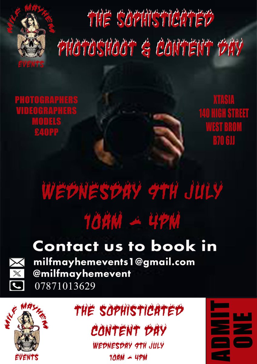 We are pleased to announce a new  event for professional models and photographers within the industry. 

🗓️ Wednesday 9th July
⏰️ 10am - 4pm
📌 <a href="/XtasiaEvents/">XtasiaEvents</a> <a href="/XtasiaSwingers/">Xtasia Swingers</a> 
💸 £40 pp

Contact us for any details or to pre-book. 

📱 07871 013629
📥 milfmayhemevents1@gmail.com