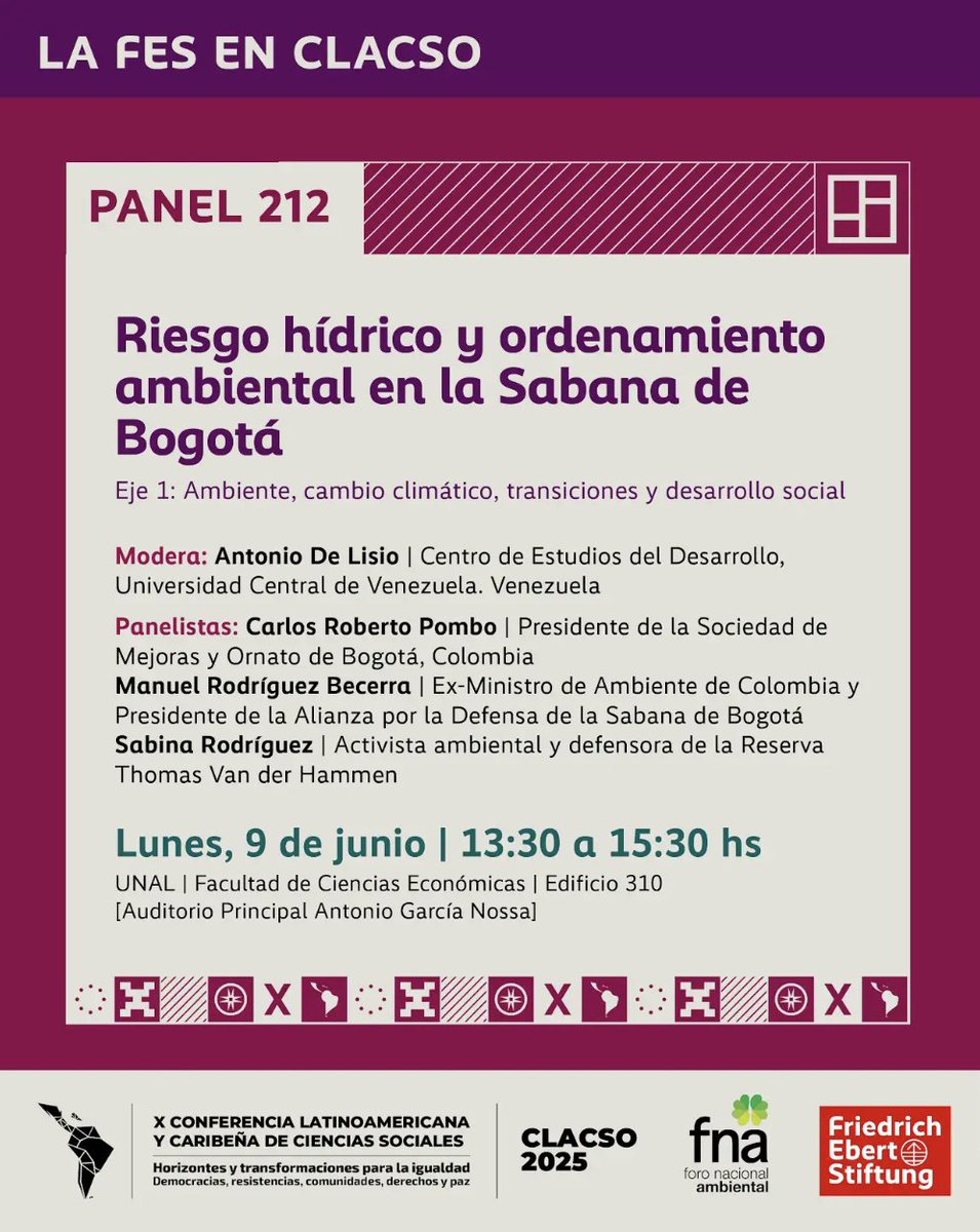 Foro Nacional Ambiental (@fnambiental) on Twitter photo 🗣 ¿Qué podemos hacer frente a la crisis del agua en Bogotá?
#Hoy 9 de junio participe en el panel sobre el riesgo hídrico y ordenamiento ambiental de la Sabana de Bogotá <a href="/_CLACSO/">CLACSO</a> | conferenciaclacso.org
🕜 13:30 a 15:30
📍Universidad Nacional <a href="/UNALOficial/">Universidad Nacional de Colombia</a> #SabanaDeBogotá 🗣 ¿Qué podemos hacer frente a la crisis del agua en Bogotá?
#Hoy 9 de junio participe en el panel sobre el riesgo hídrico y ordenamiento ambiental de la Sabana de Bogotá <a href="/_CLACSO/">CLACSO</a> | conferenciaclacso.org
🕜 13:30 a 15:30
📍Universidad Nacional <a href="/UNALOficial/">Universidad Nacional de Colombia</a> #SabanaDeBogotá