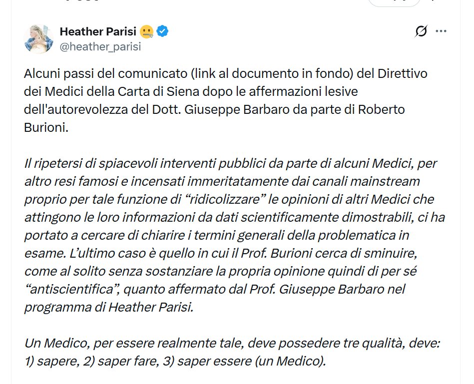 Cara Collega <a href="/heather_parisi/">Heather Parisi 🤐</a> un medico, per essere tale, deve non essere sospeso dall'Ordine perché se questo avviene non è più medico.  
Molti medici della "Carta di Siena" sono stati sospesi per le loro scemenze novax ma mi danno lezioni su cosa significa essere medico