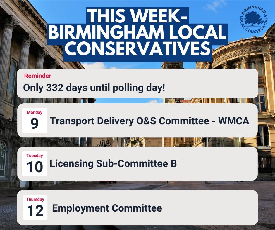 This week we've got Transport Delivery Overview and Scrutiny Committee today at the WMCA, where we'll be raising concerns over plans for Ring and Ride, then Licensing Sub-committee on Tuesday, Employment Committee on Thursday, and we'll be out across the City throughout the week.