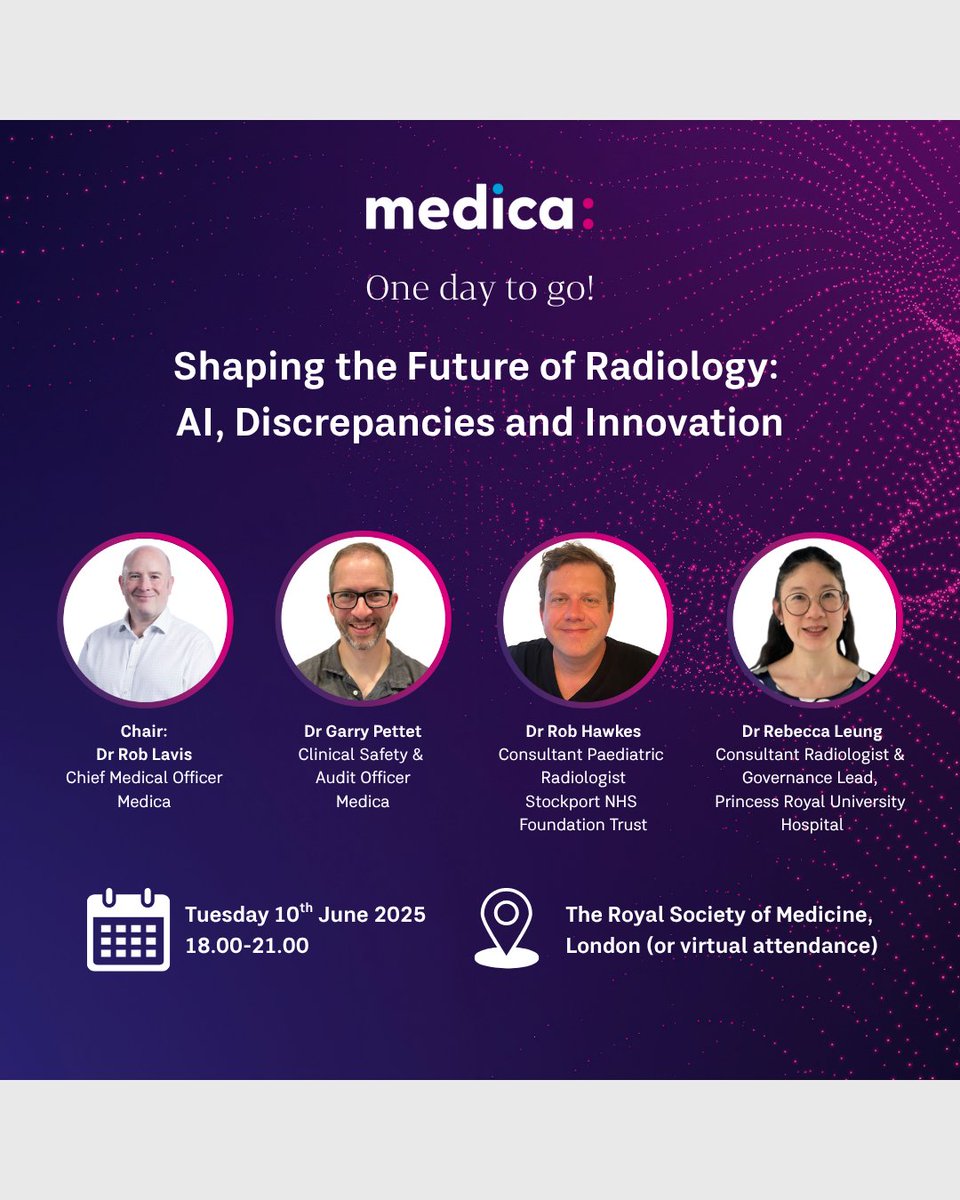 Last chance to join us tomorrow in London (or virtually) for Shaping the Future of Radiology: AI, Discrepancies &amp; Innovation — Medica’s free, CPD-accredited event.

Register now: ➡️medica.co.uk/shaping-the-fu…