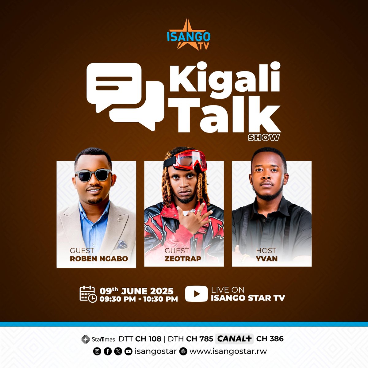 🔥Tonight’s Vibe is Set!🔥
Catch the Kigali Talk Show LIVE on Isango Star TV with two heavyweights:
<a href="/zeotrap/">Zeotrap</a> one of Rwanda’s hottest rappers in the game.
<a href="/NgaboRoben/">Roben NGABO</a> , Sports Journalist and Rayon Sports’ own media boss. 
Let's talk about Hip Hop Tonight 😎

Let’s meet on screen.