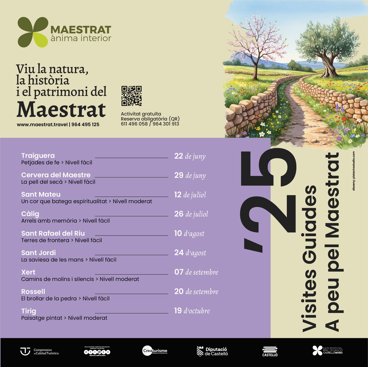 📣 Atenció, atenció! 
👉Presentem el calendari de visites guiades 2025 de Maestrat, ànima interior.
📅 Planifica la teua ruta amb antelació
✅ Imprescindible reserva
Projecte subvencionat pel Patronat Provincial de Turisme de Castelló
Tria el teu temps!
És temps de Maestrat