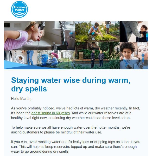 A certain irony about receiving an email from Thames Water telling me to fix "leaky loos or dripping taps" to save water. Thames Water leaks an average of 570.4 megalitres (570.4 million litres) of water per day largely thanks to decades of underinvestment by those running it