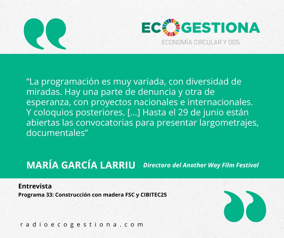 <a href="/HacesMas/">Haces Más con SIGAUS</a> <a href="/Genci_EC/">Genci SCRAP</a> <a href="/Xavier_MF/">Xavier Moraño</a> <a href="/clic_koala/">ClicKoala</a> <a href="/IsabelIsamoren/">Isabel Moreno</a> 🎦 Marta García Larriu, directora del <a href="/AnotherWayFF/">Another Way Film Festival</a>, un festival de cine con mirada ambiental y social nos habla de las diferentes secciones y premios a los largometrajes y cortometrajes que se presenten, hasta el 29 de junio.

f.mtr.cool/kpepfwsjvn