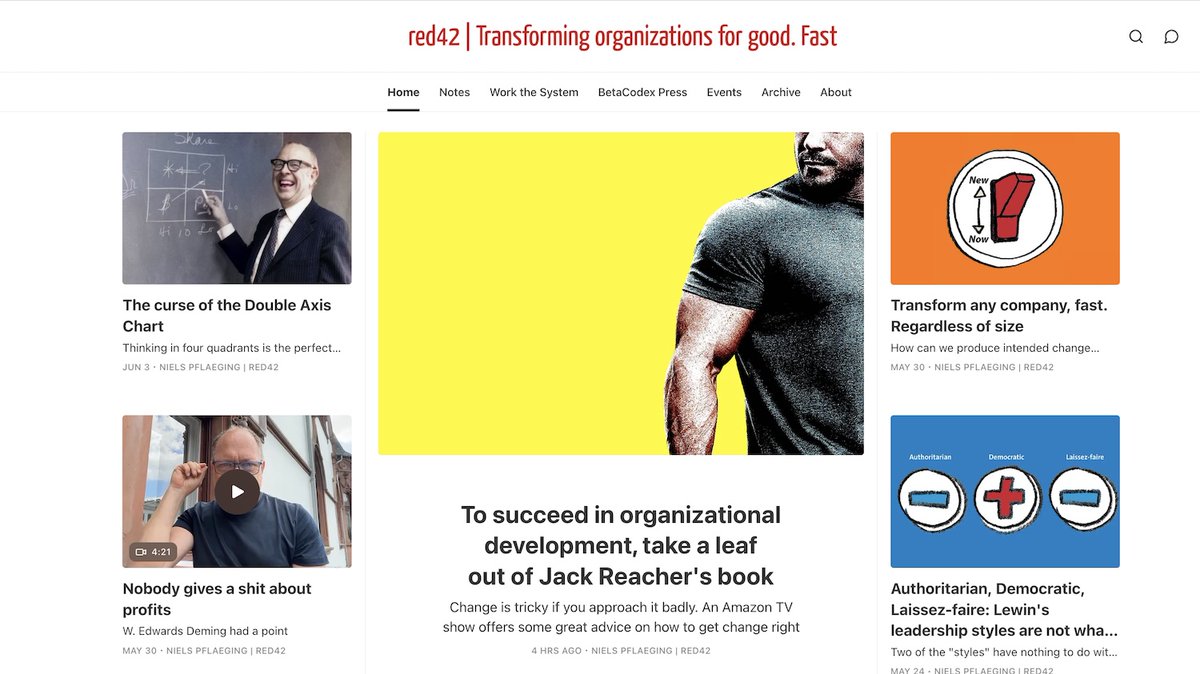 Subscribe to my web magazine "Transforming organizations for good. Fast". Today's new article is a piece about what YOU can learn from Jack Reacher. 
nielspflaeging.substack.com