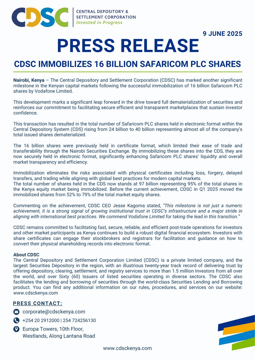 Kenyan Wall Street (@kenyanwalstreet) on Twitter photo The Central Depository and Settlement Corporation (<a href="/cdsckenya/">Central Depository & Settlement Corporation Kenya</a>) has achieved a major milestone by successfully immobilizing 16 billion Safaricom PLC shares previously held in certificate form. This move boosts liquidity, transparency, and efficiency in Kenyaโs capital markets. The Central Depository and Settlement Corporation (<a href="/cdsckenya/">Central Depository & Settlement Corporation Kenya</a>) has achieved a major milestone by successfully immobilizing 16 billion Safaricom PLC shares previously held in certificate form. This move boosts liquidity, transparency, and efficiency in Kenyaโs capital markets.