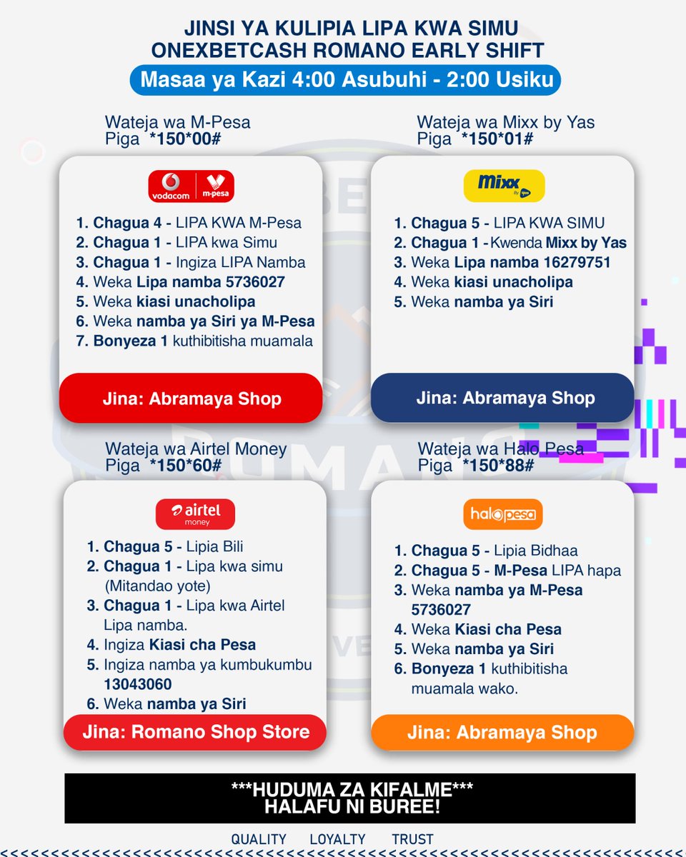Early shift mode: Namna ya kufanya malipo pichani

Bank payment 🏦🏧Akaunti za mapema tu:

CRDB: 0150872319500
NMB: 20610045706
Jina: Romano Shop

NBC: 053174064779
Jina: Honest Mtalo

Muhimu: 
- Ukilipia bank usisahau kutuma risiti. 
- Tupo ofisini kuanzia saa 4 kamili asubuhi