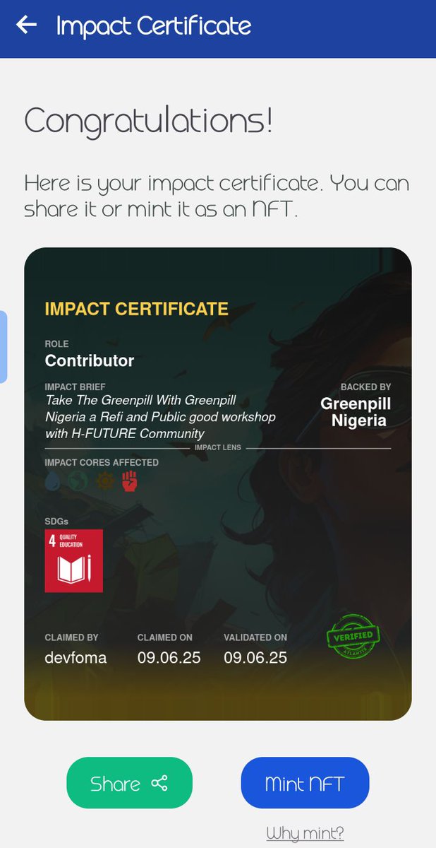 Foma #WID 🚀 (@affiliate_hima) on Twitter photo I just claimed my impact certificate for joining the Refi and Public goods workshop hosted by <a href="/Official_GIDA/">Ginakev Digital Academy (GIDA) ™</a> <a href="/GinakevFarms/">Ginakev Farms 🌳🌴🌱</a> <a href="/greenpilldevs/">Greenpill Dev Guild</a> Thanks for this opportunity <a href="/kevin_chibuoyim/">Kevin |Ezemmuo Blockchain</a> I just claimed my impact certificate for joining the Refi and Public goods workshop hosted by <a href="/Official_GIDA/">Ginakev Digital Academy (GIDA) ™</a> <a href="/GinakevFarms/">Ginakev Farms 🌳🌴🌱</a> <a href="/greenpilldevs/">Greenpill Dev Guild</a> Thanks for this opportunity <a href="/kevin_chibuoyim/">Kevin |Ezemmuo Blockchain</a>