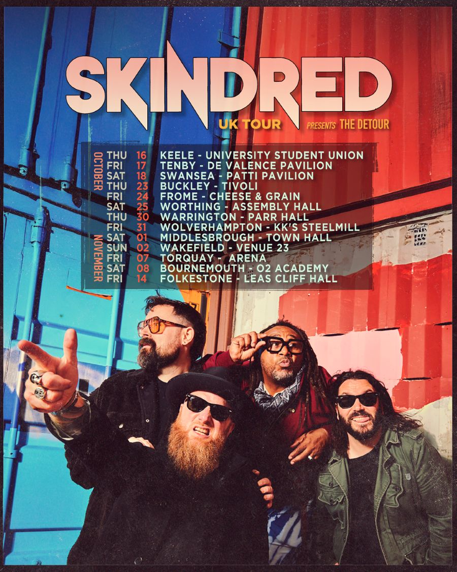 Skindred announce 'THE DETOUR' autumn headline tour dates.

Welsh ragga metal legends Skindred have today announced THE DETOUR a series of UK headline dates for autumn 2025.

Details, dates, tickets - tinyurl.com/29rlnly9

#skindred #thedetour #smile