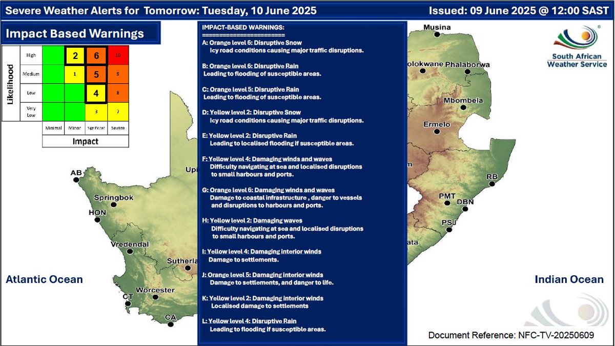 SAWeatherServic's tweet image. 🥶🌧️Weather outlook for tomorrow, 10 June 2025.
Disruptive rain, damaging winds &amp;amp; disruptive snow expected over the eastern areas of the country. 
#saws #sow #coldfront #weatheroutlook