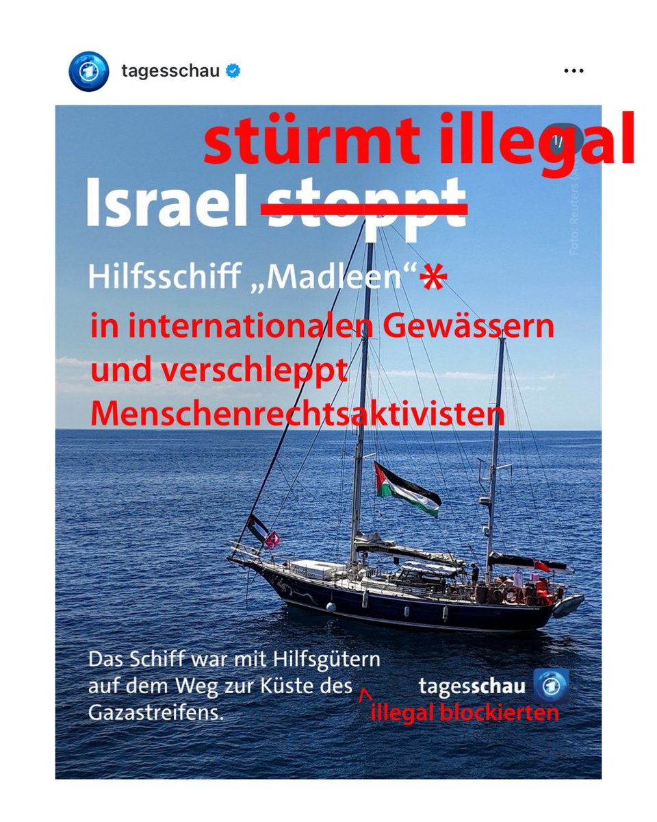 Nein, die Madleen wurde nicht einfach „gestoppt“, wie die @Tagesschau es verharmlosend beschreibt. Die Madleen wurde illegal gestürmt. Warum man das so sagen kann und muss? Weil die Faktenlage eindeutig und das Geschehen unabhängig verifizierbar ist. Das Schiff Madleen, Teil der