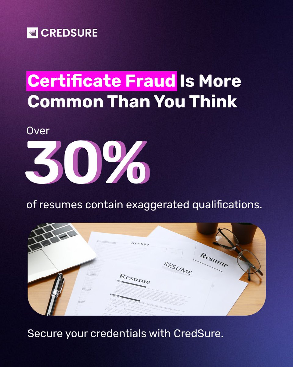 Cred_Sure's tweet photo. Did you know? Over 30% of resumes contain fake qualifications.

Stop fraud before it starts. Secure your credentials with CredSure’s blockchain technology.

Learn more at https://t.co/43KA2IteTs https://t.co/6aH26wynTL