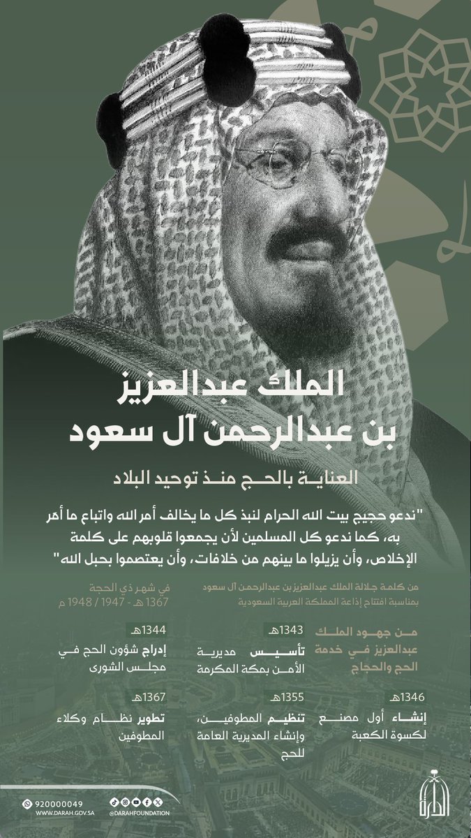 #إنفوجرافيك_الدارة |
منذ البدايات.. جعل الملك عبدالعزيز بن عبدالرحمن آل سعود –طيّب الله ثراه- خدمة الحجاج أولوية دائمة، من تنظيم شؤون الحج إلى ترسيخ الأمن في مكة المكرمة.
#دارة_الملك_عبدالعزيز #يسر_وطمأنينة