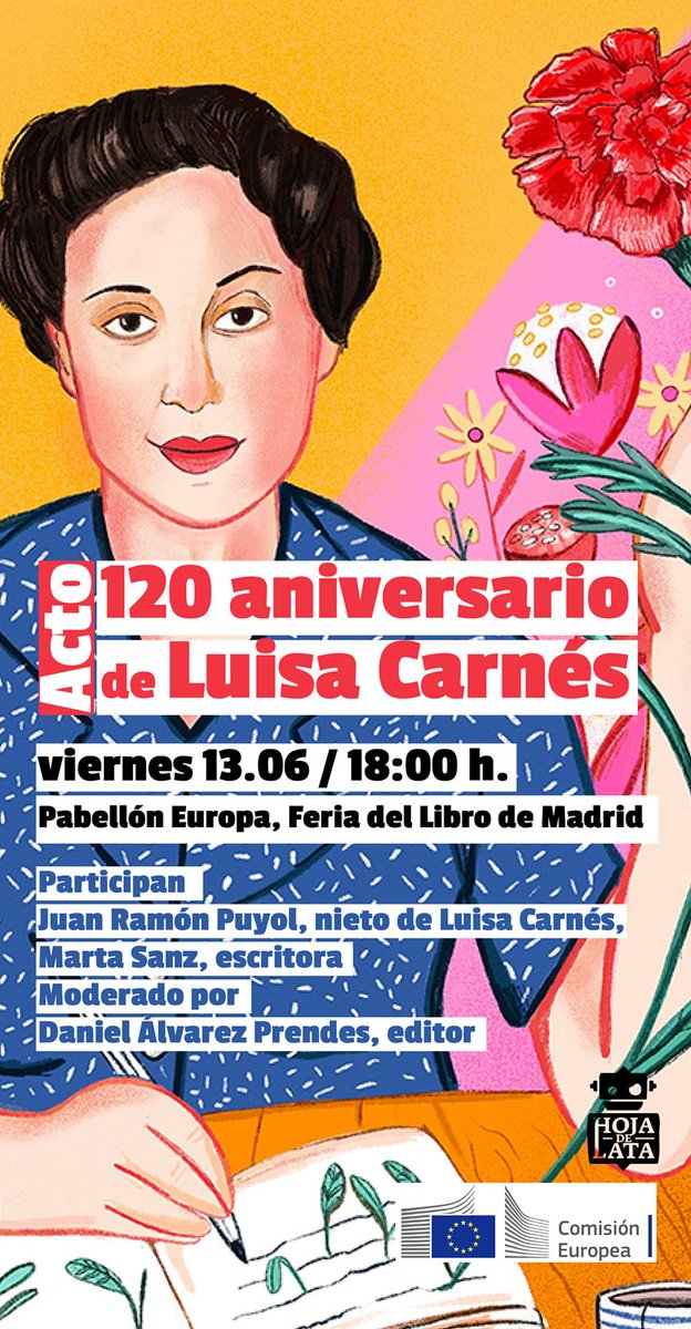 Este viernes celebramos el 120 Aniversario de <a href="/LuisaCarnes__/">Luisa Carnés</a> en la <a href="/FLMadrid/">Feria del Libro de Madrid</a> 
Para un día tan especial teníamos que contar con una participación extraordinaria:
—Marta Sanz, queridísima novelista
— <a href="/juanrapuyol/">Juan Ramón Puyol</a>  nieto de Luisa C.
Nos vemos en el Pabellón  de Europa. 🇪🇺