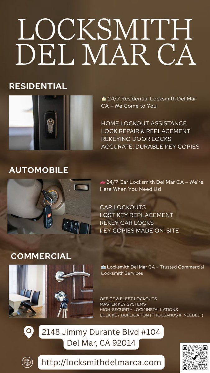 🔐 Locksmith Del Mar CA – 24/7 Emergency Help!
Call us on :858-256-6846
Our visit online:locksmithdelmarca.com
#Masterkeysystems
#Rekeycarlocks
#Homelockoutassistance