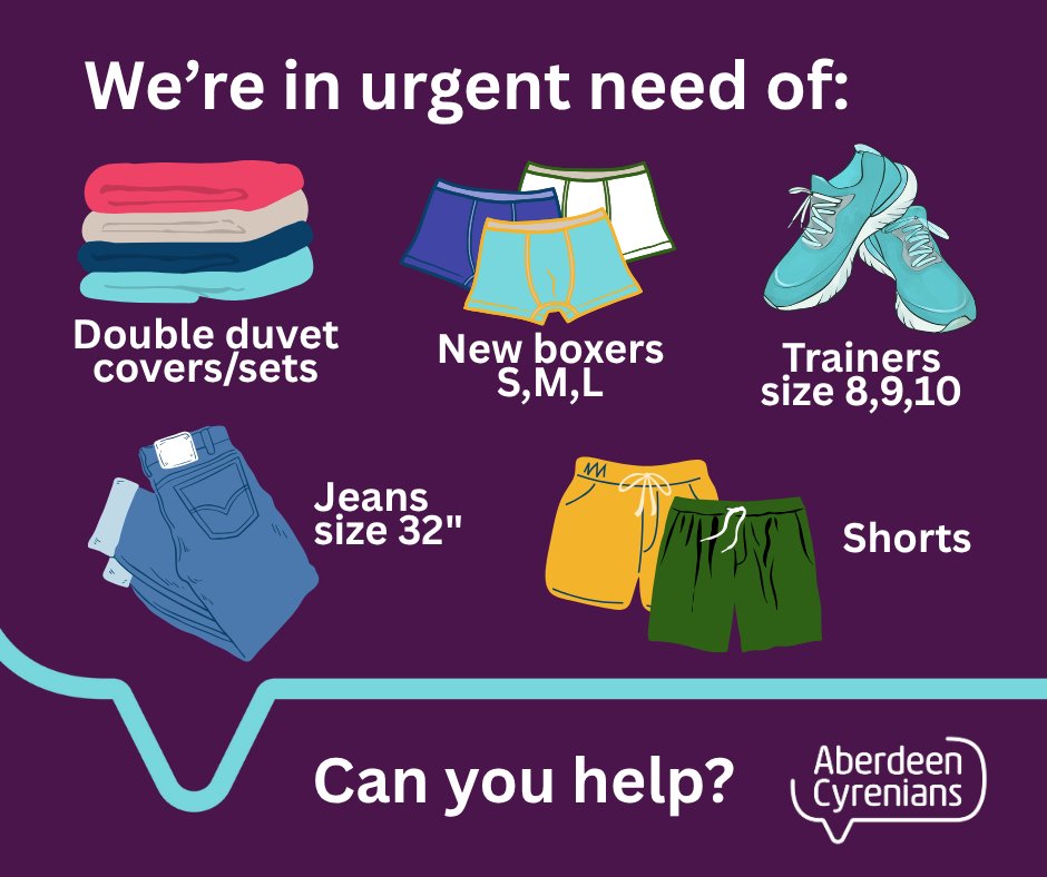 We're low on key items &amp; could use your help 🧡

Needed:
🛏 Double duvets
🩲 Men’s boxers (S/M/L)
👟 Trainers (8–10)
🩳 Shorts
👖 Jeans (32")

Clear out? 👉 loom.ly/JhpQGLo
Amazon wish 👉 loom.ly/FC8klXA
Thanks so much 💜 #donate