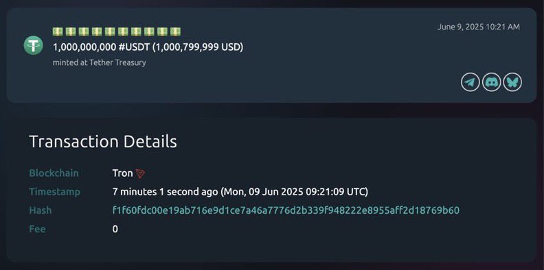 ⚡️ JUST IN: 1 billion $USDT ($1,000,799,999) freshly minted at Tether Treasury on TRON.
Bullish 💯💯