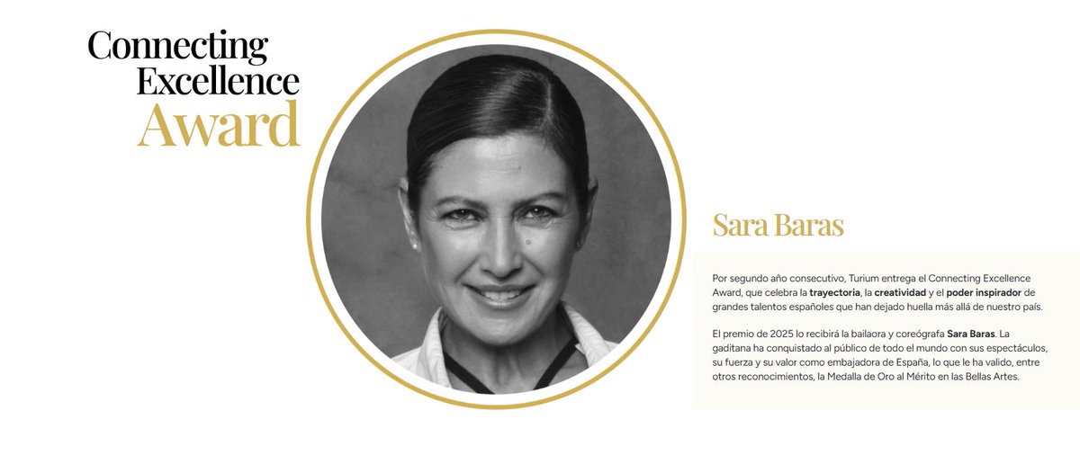 Además, rendiremos homenaje a una figura icónica de las artes escénicas española: <a href="/sarabaras/">Sara Baras</a>, que recibirá el 𝐓𝐮𝐫𝐢𝐮𝐦 𝐂𝐨𝐧𝐧𝐞𝐜𝐭𝐢𝐧𝐠 𝐄𝐱𝐜𝐞𝐥𝐥𝐞𝐧𝐜𝐞 𝐀𝐰𝐚𝐫𝐝.
#ForoTurium
