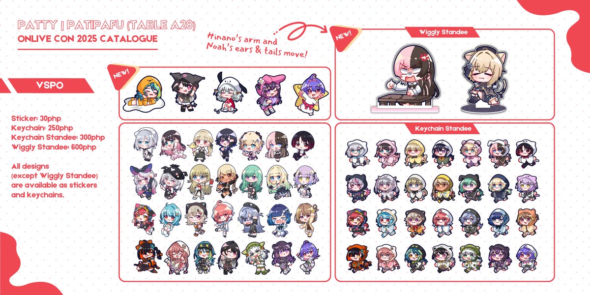 patipafu's tweet photo. #ONLivePH2025 Merch Catalogue !!

Not much new merch, but new Hajime spinning standee, as well as a Hinano and Noah wiggly standee! 👀

Other stuff:
- New VSPO! EN, HoloGamers, ReGLOSS and Niji Idios merch
- Bringing my Blue Archive leftovers

See ya at Table A28! #ONLivePH 🐶 https://t.co/XFd1cVCTSh