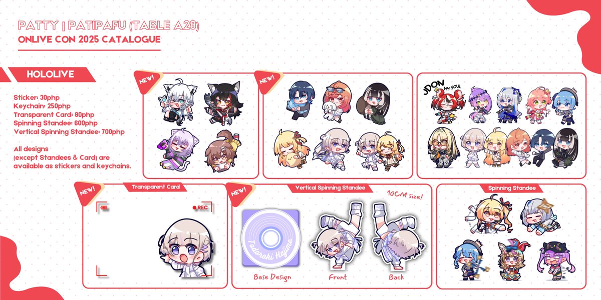 patipafu's tweet photo. #ONLivePH2025 Merch Catalogue !!

Not much new merch, but new Hajime spinning standee, as well as a Hinano and Noah wiggly standee! 👀

Other stuff:
- New VSPO! EN, HoloGamers, ReGLOSS and Niji Idios merch
- Bringing my Blue Archive leftovers

See ya at Table A28! #ONLivePH 🐶 https://t.co/XFd1cVCTSh