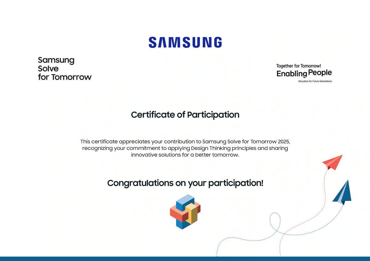 xtezosb's tweet photo. Excited to be part of Samsung Solve for Tomorrow 2025! ✨ Honored to contribute with Design Thinking and innovation. Ready to learn, grow, and create impact. #SFT_India_2025 #InnovationForGood https://t.co/MaGfZ3Z2j2