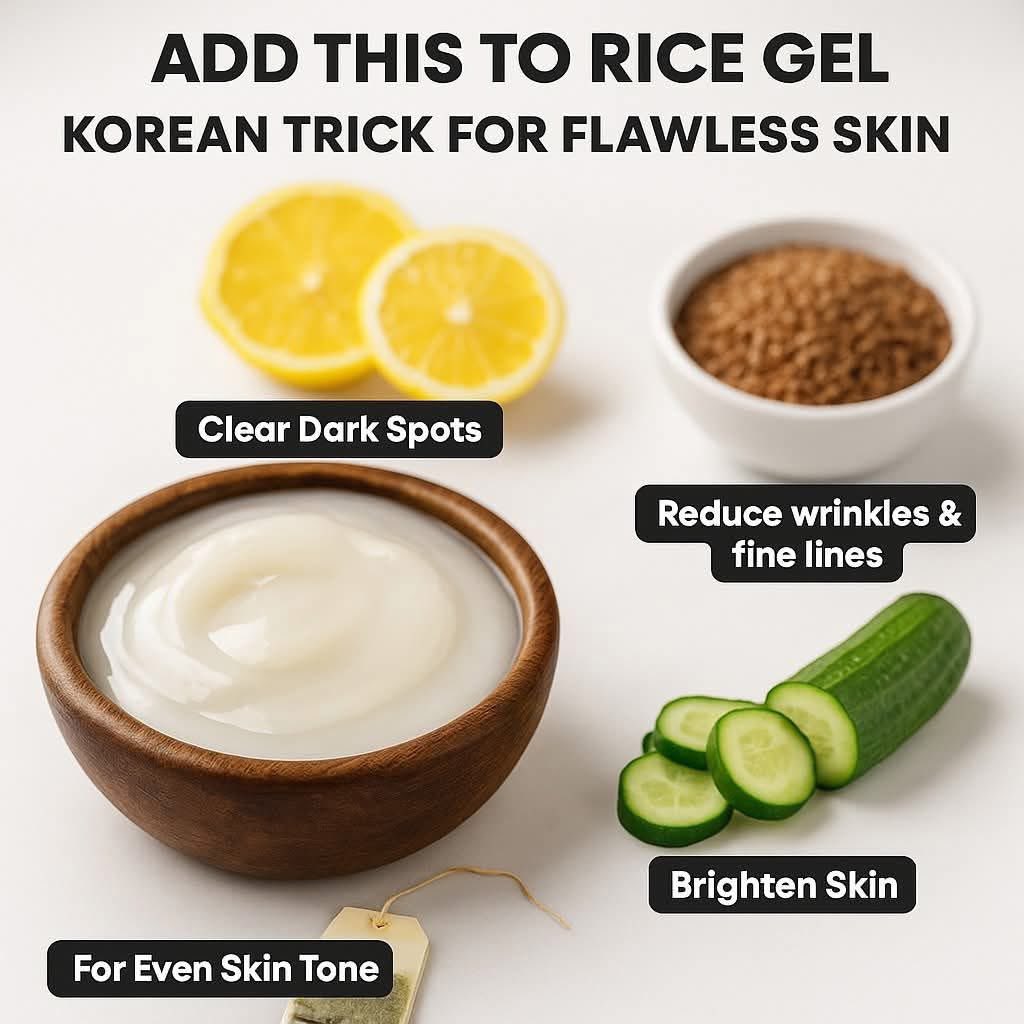 Add these to rice gel - Company secret for global skin! 

A simple DIY that transforms Sharma your skin naturally.

Lemon 🍋 clear dark spots.
Cucumber 🥒 brightens skin.
Green tea 🍵 evens out skin tone.
Brown Sugar reduces wrinkles &amp; fine lines.