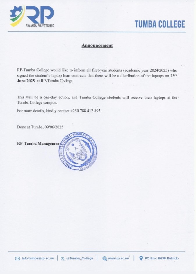 RP-Tumba College (@tumba_college) on Twitter photo <a href="/Tumba_College/">RP-Tumba College</a> wishes to inform all first-year students who have signed the student laptop loan agreements that laptop distribution will take place on 23rd June 2025 at the RP-Tumba College Main Campus.
Please make sure to attend & don’t miss this important opportunity.👇 <a href="/Tumba_College/">RP-Tumba College</a> wishes to inform all first-year students who have signed the student laptop loan agreements that laptop distribution will take place on 23rd June 2025 at the RP-Tumba College Main Campus.
Please make sure to attend & don’t miss this important opportunity.👇