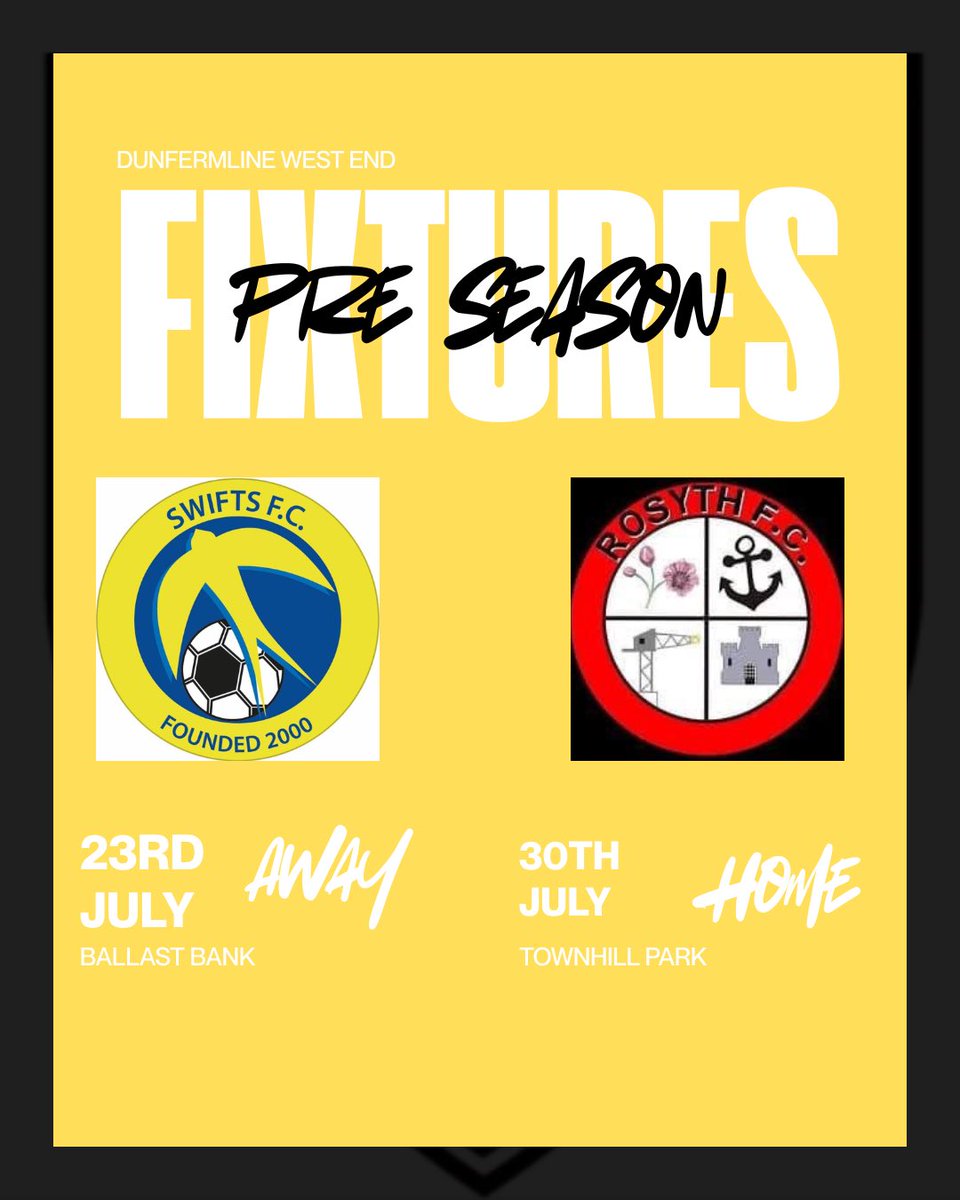 PRE SEASON

In addition to the previous friendlies announced we will also be facing off against The Swifts FC - Amateurs and Rosyth Fc Sundays!