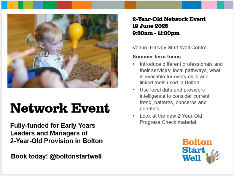 2-Year-Old Network Event is a workshop for Bolton Leaders and Managers of 2-year-old provision. 

📅 Thu 19 Jun 25
⏰ 9:30-11:00am
🏚 Harvey Start Well Centre, Shaw Street, BL3 6HU

Book a free / fully funded place here: boltonstartwell.org.uk/course-detail?…
