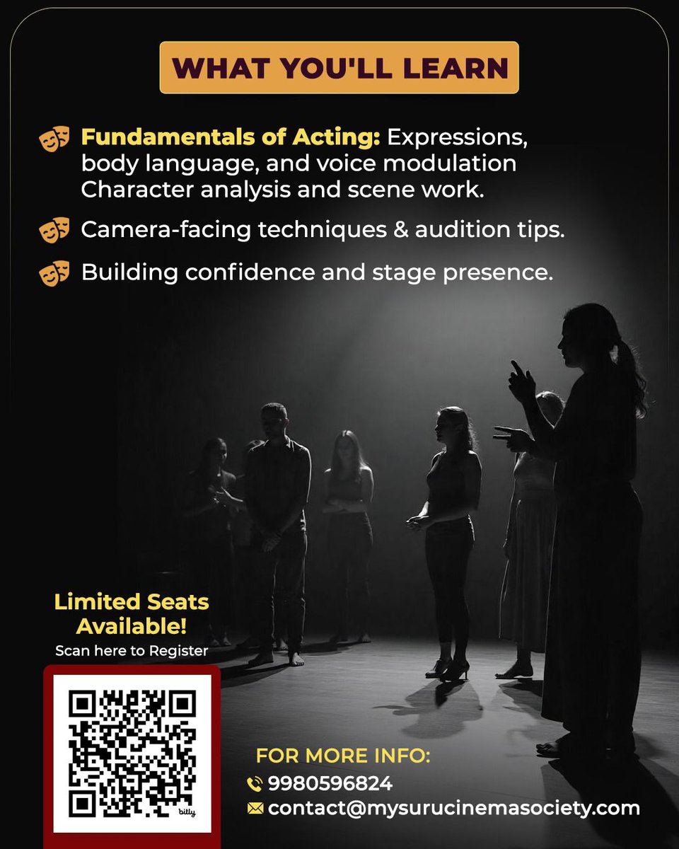 Mysuru Cinema Society® (@mysuru_cinema) on Twitter photo Mysuru Cinema Society
Presents
ACTING WORKSHOP
🎭 Limited Seats Available!
Register now: forms.gle/bEMzAoKsEEuJRp…
For More Info:
📞 9980596824
📧 Email: contact@mysurucinemasociety.com
#actingworkshop #film #kannadafilm #shortfilm #Cinema #FilmmakingTips #actor #actress Mysuru Cinema Society
Presents
ACTING WORKSHOP
🎭 Limited Seats Available!
Register now: forms.gle/bEMzAoKsEEuJRp…
For More Info:
📞 9980596824
📧 Email: contact@mysurucinemasociety.com
#actingworkshop #film #kannadafilm #shortfilm #Cinema #FilmmakingTips #actor #actress