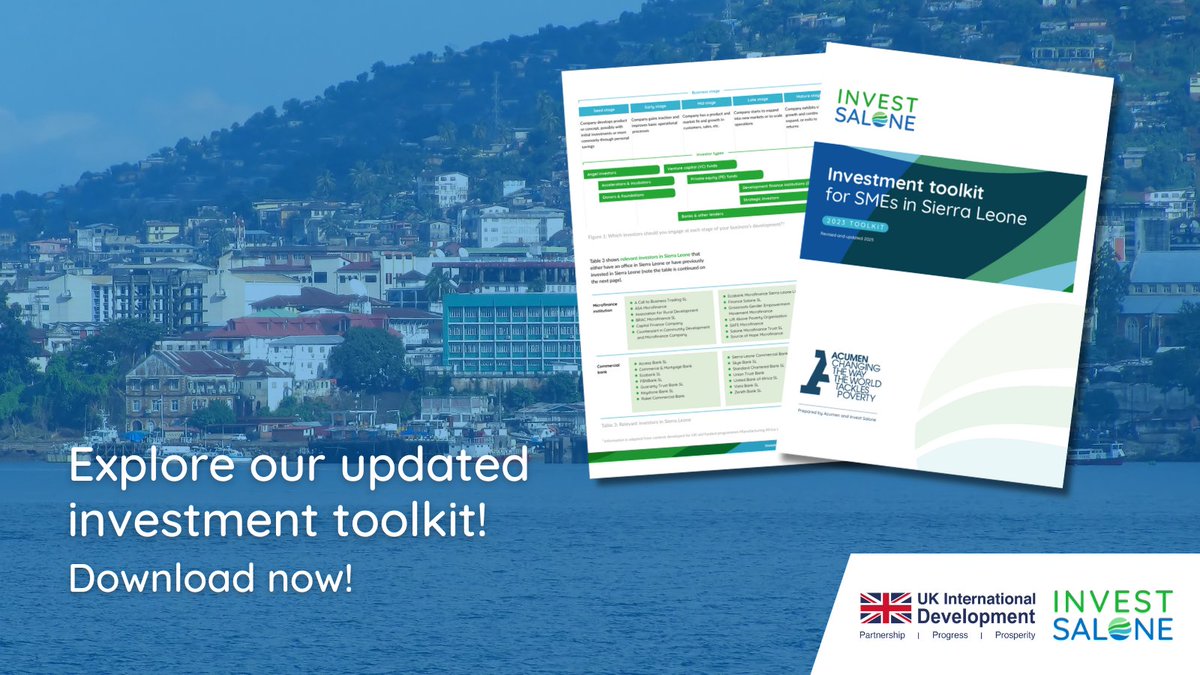 Are you an SME or accelerator in Sierra Leone looking to raise capital? 🪙 

The updated investment toolkit from Acumen &amp; Invest Salone offers practical steps to become investment ready. 

📥 investsalone.com/resource-bank/… 

#InvestSalone