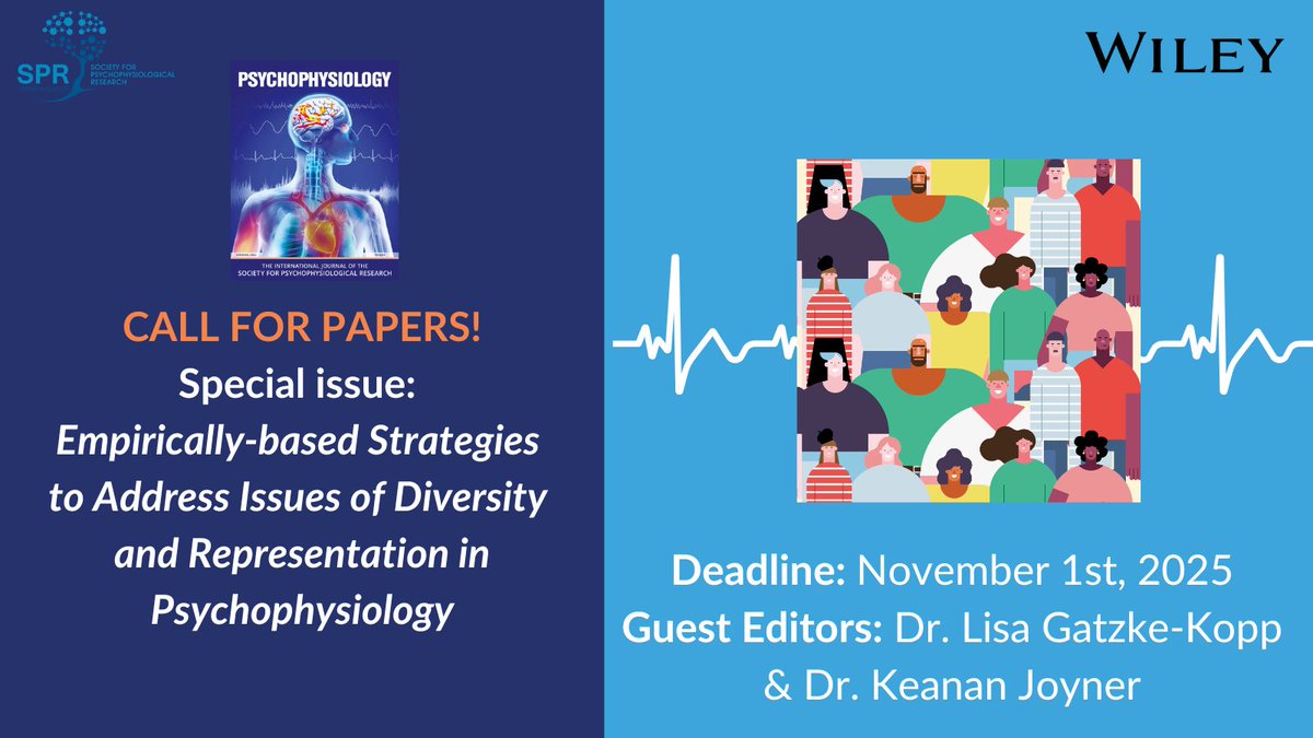 TheRealSPR's tweet image. 📢 Call for Papers Special Issue: "Empirically-based Strategies to Address Issues of Diversity and Representation in Psychophysiology"
🔗Submission deadline: November 1st, 2025. Submit here: wiley.atyponrex.com/submission/das…