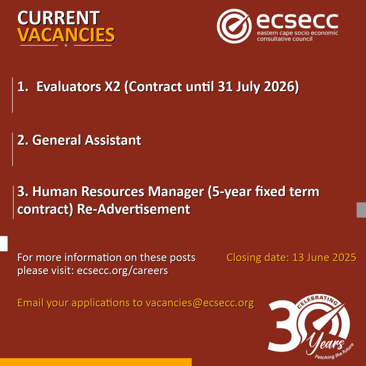 ECSECC (@ecsecc_) on Twitter photo We have the following four vacancies open. For more information on each post please visit our careers page on the website ecsecc.org/careers
Send your application letter, CV and copies of your qualifications to vacancies@ecsecc.org
Closing date is Friday, 13 June 2025. We have the following four vacancies open. For more information on each post please visit our careers page on the website ecsecc.org/careers
Send your application letter, CV and copies of your qualifications to vacancies@ecsecc.org
Closing date is Friday, 13 June 2025.
