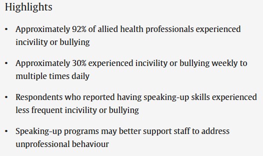 #hotoffthepress

Allied health professionals were found to frequently experience unprofessional behaviour. Respondents who reported having speaking-up skills experienced less frequent incivility/bullying 👇🏼

@RDMcmullan

sciencedirect.com/science/articl…