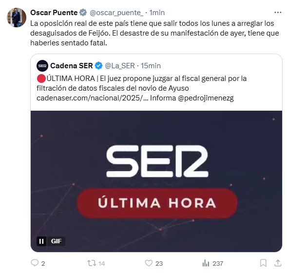Un Ministro del Gobierno de España señalando a un Magistrado del Tribunal Supremo como “la oposición real de este país”, por procesar al Fiscal General del Estado por presunto delito de revelación de secretos.

Será muy difícil devolver a los españoles la confianza en las