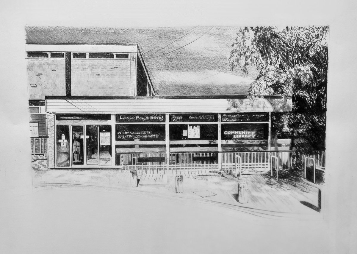 SHERBURN. I did a little pencil sketch of the library, where I host my writers group. I may look modest, but every week, we fill it with planets, villains, femme fatales, giant gnomes and 'gang boss' grannies. Two hours of absolute joy.