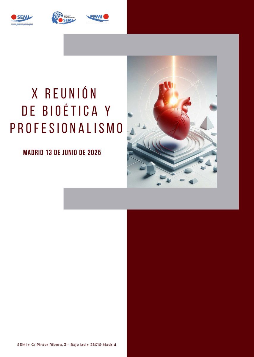 📢 Hoy tendrá lugar en Madrid la X Reunión del GT de #Bioética y #Profesionalismo de <a href="/Sociedad_SEMI/">#46SEMI Sociedad Española de Medicina Interna</a> 🩺
🗓️ 13 de junio. Salón de actos del Hospital Universitario de la Princesa 🏥
ℹ️ fesemi.org/congresos/x-re… #MedicinaInterna