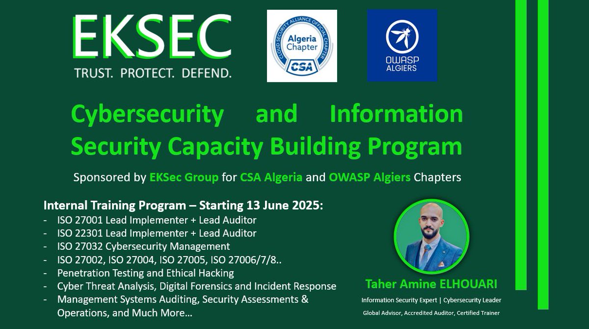 MrTaherAmine's tweet image. 💥 Proud to Lead and Give Back!!

#EKSec #CybersecurityTraining #CapacityBuilding #OWASP #CSA #ISO27001 #CyberResilience #AfricaCyber #MENARegion #LeadershipThroughKnowledge #SecOps #GRC #BlueTeam #RedTeam #InfoSec #CyberSec #InformationSecurity #CyberSecurity #ISO #Training