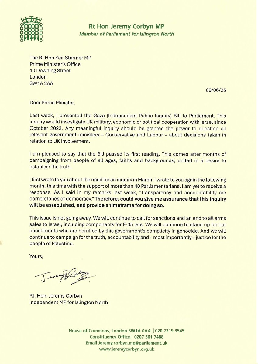 🚨Jeremy Corbyn MP has written to Keir Starmer to reiterate his demand for a Chilcot-style inquiry into Britain's role in the Gaza genocide.

This is the second time he has written to Starmer, but has not received any response.