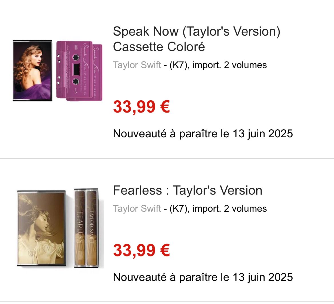 📼 Les cassettes de Speak Now (Taylor’s Version) et Fearless (Taylor’s Version) seront disponibles vendredi 13 juin à la Fnac.
