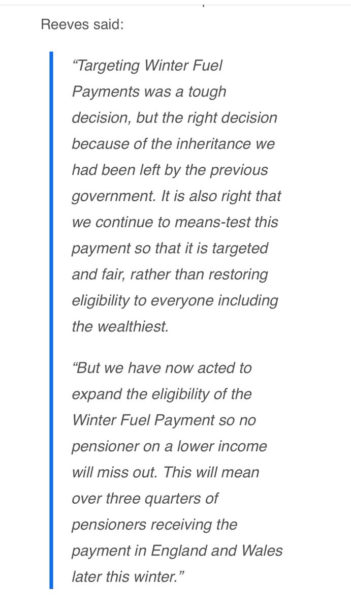 💥NEW: A MASSIVE reversal of the winter fuel cut. ALL pensioners with income  £35k or less set to receive WFA this year. That’s 9m - 3/4 - of all pensioners at cost of £1.25bn. Govt will save £450m on means testing &gt; Size of reversal reflective of the scale of misstep